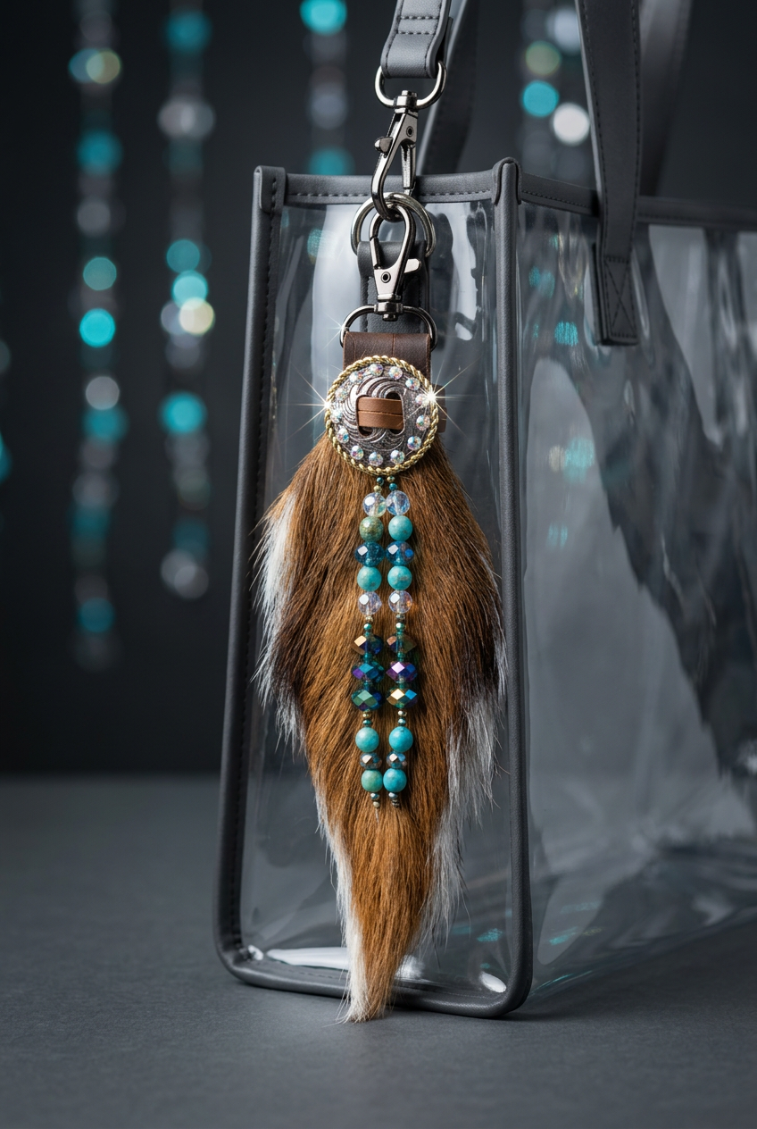 Accessory hanging from a clear stadium bag with charcoal trim and turquoise sparkle